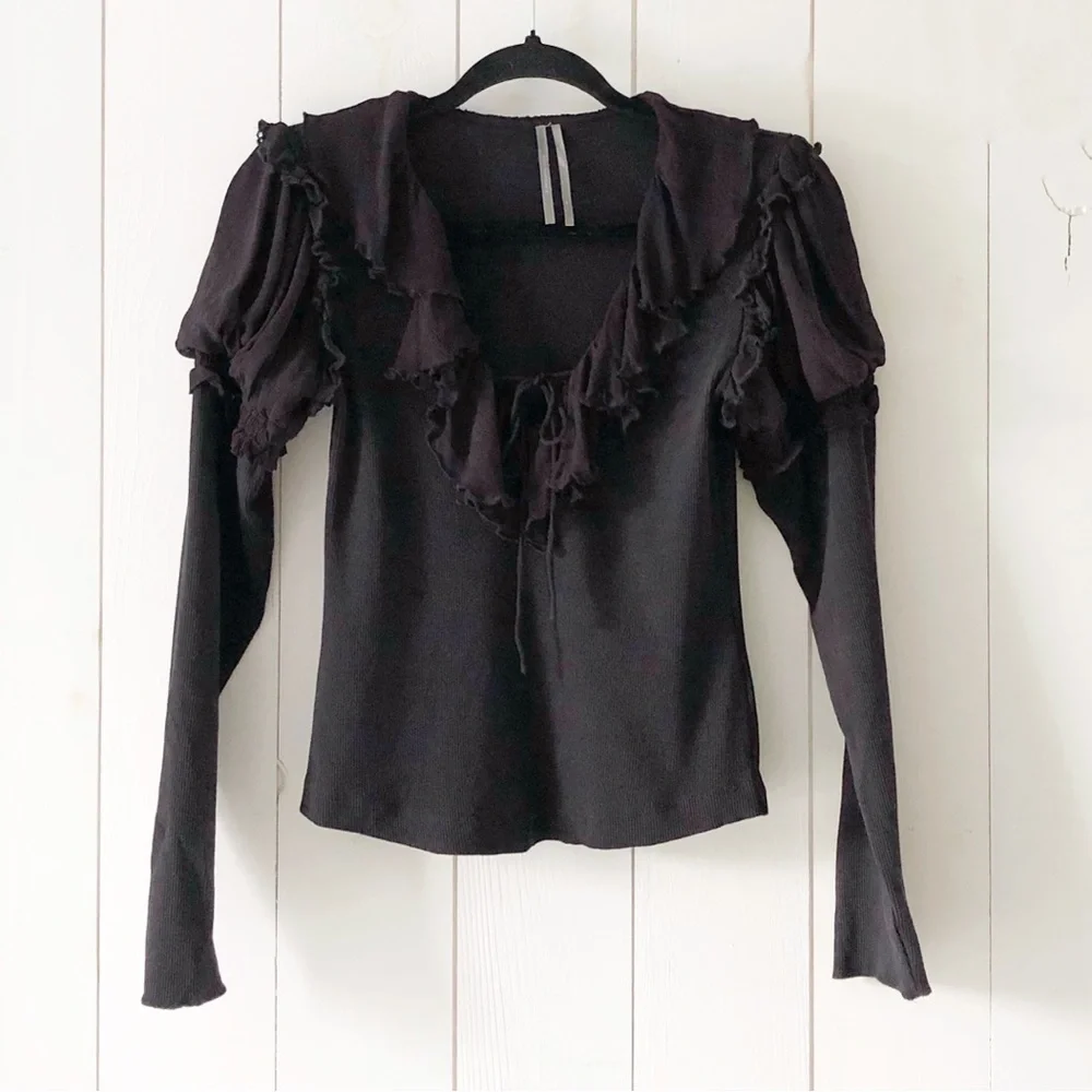 By Anthropologie Black Long-Sleeve Ruffle Top Size Medium - Picture 2 of 13